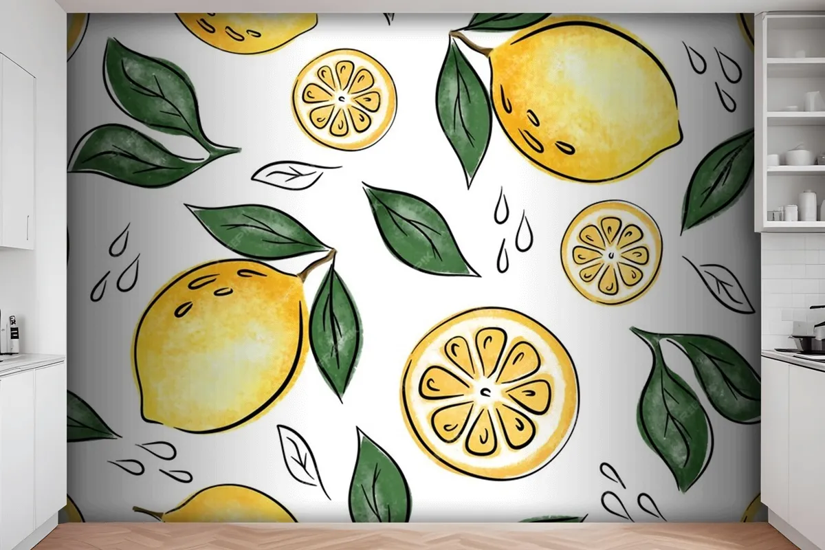 Juicy Seamless Pattern With Lemons And Leaves Wallpaper Mural