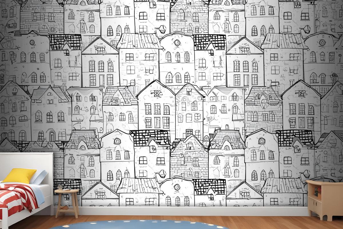 Kids Black And White Sketch House Wallpaper Mural