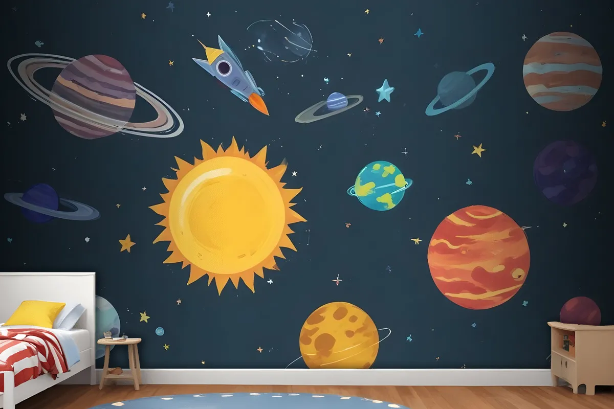 Kids Boys Watercolor Space And Solar System Wallpaper Mural