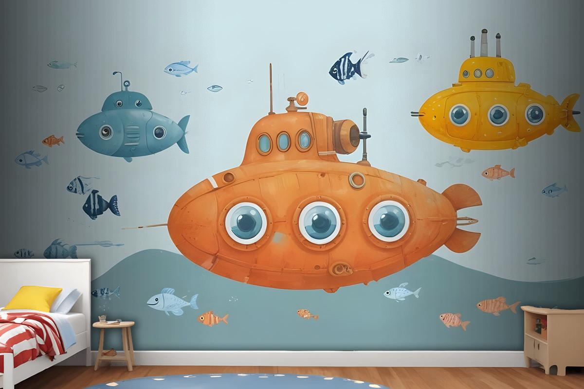 Kids Boys Watercolor Underwater With Submarine Wallpaper Mural