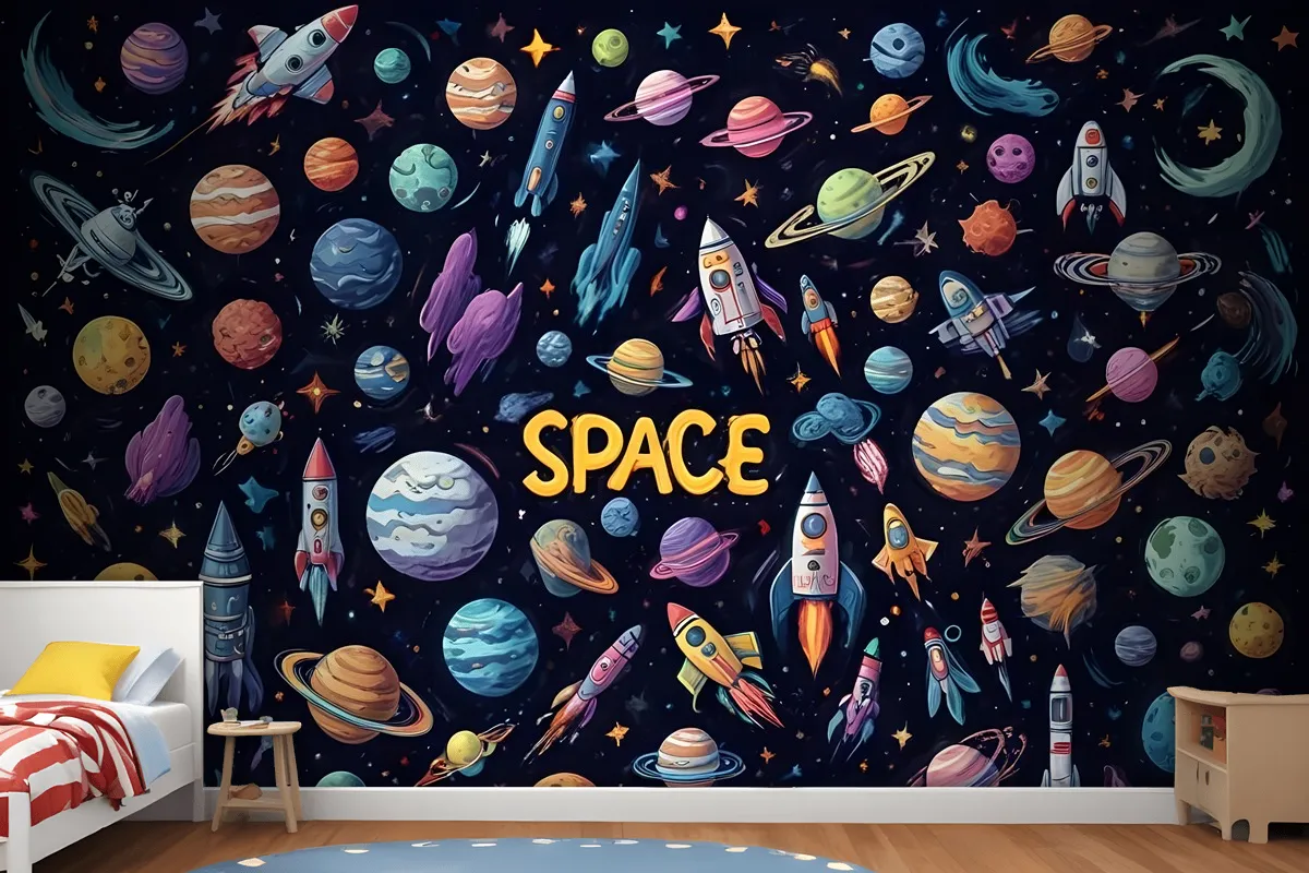 Kids Cartoon Space With Astronaut And Colorful Planets Wallpaper Mural