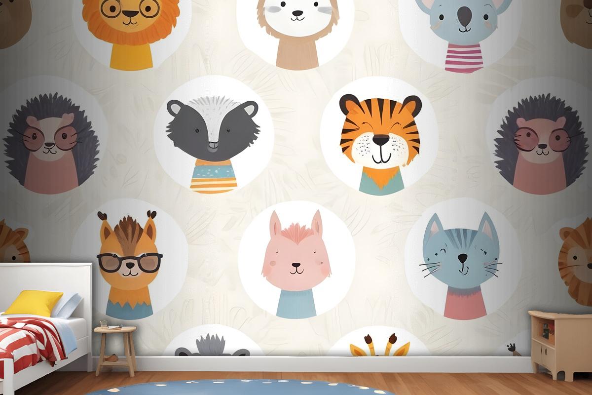 Kids Cute Safari Animals Pattern Wallpaper Mural