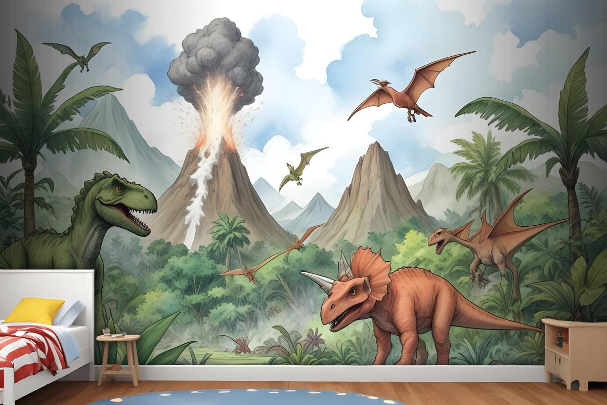 Kids Dinosaur With Trex Jurassic World Wallpaper Mural