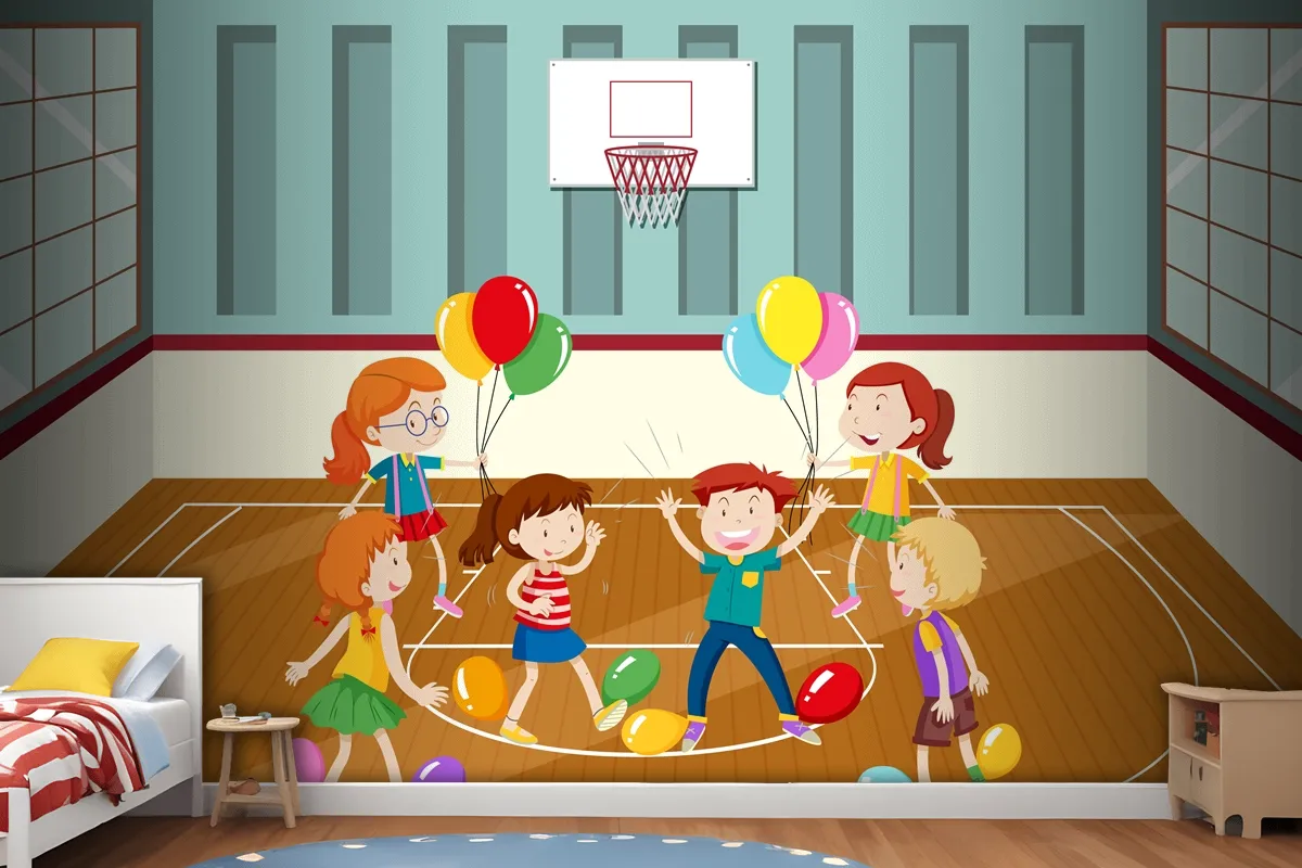 Kids Doing Physical Activity With Balloons Wallpaper Mural