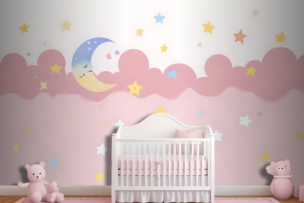 Kids Girls Pink Night With Sleeping Moon Wallpaper Mural