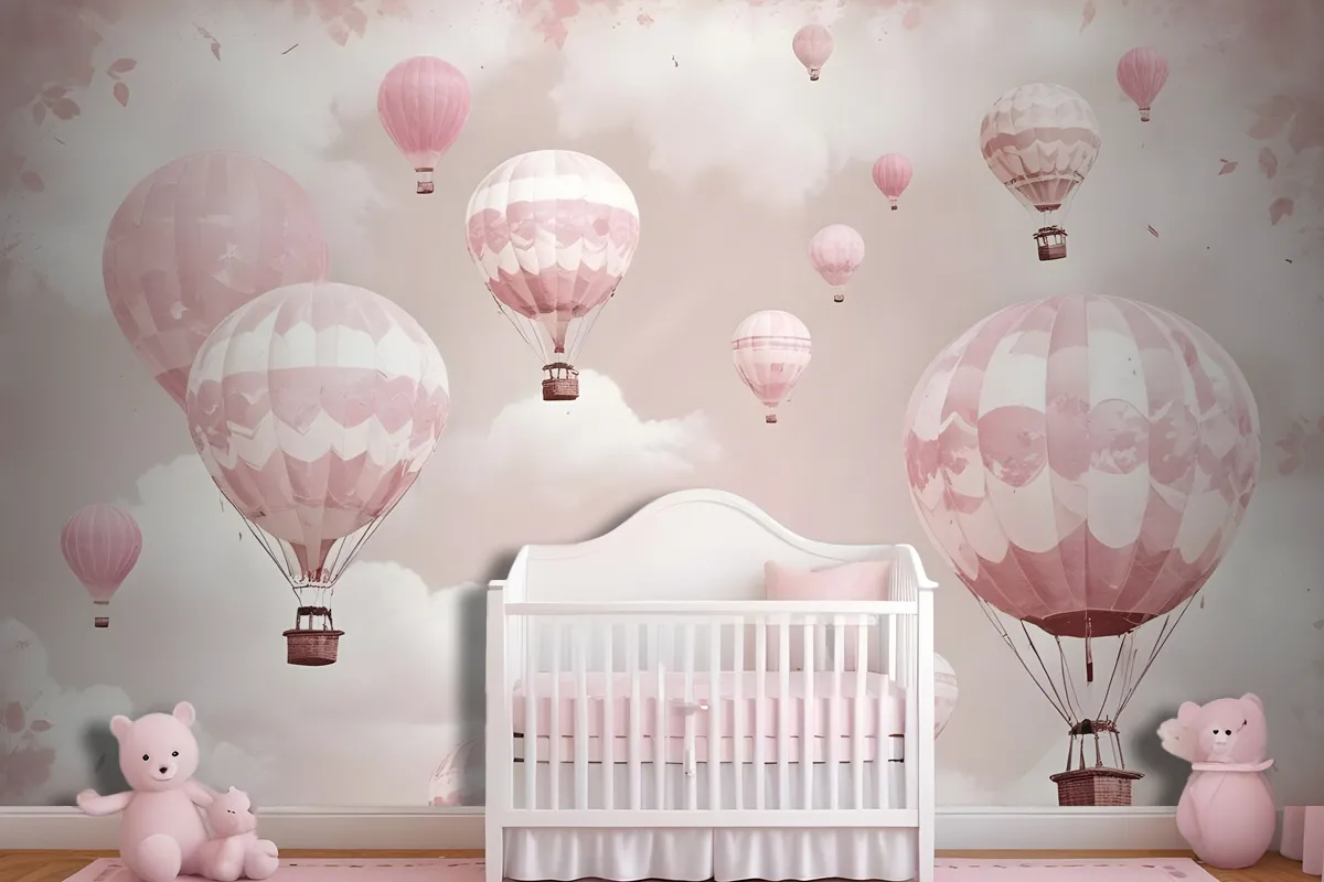 Kids Girls Pink Sky Of Hot Air Balloon Wallpaper Mural