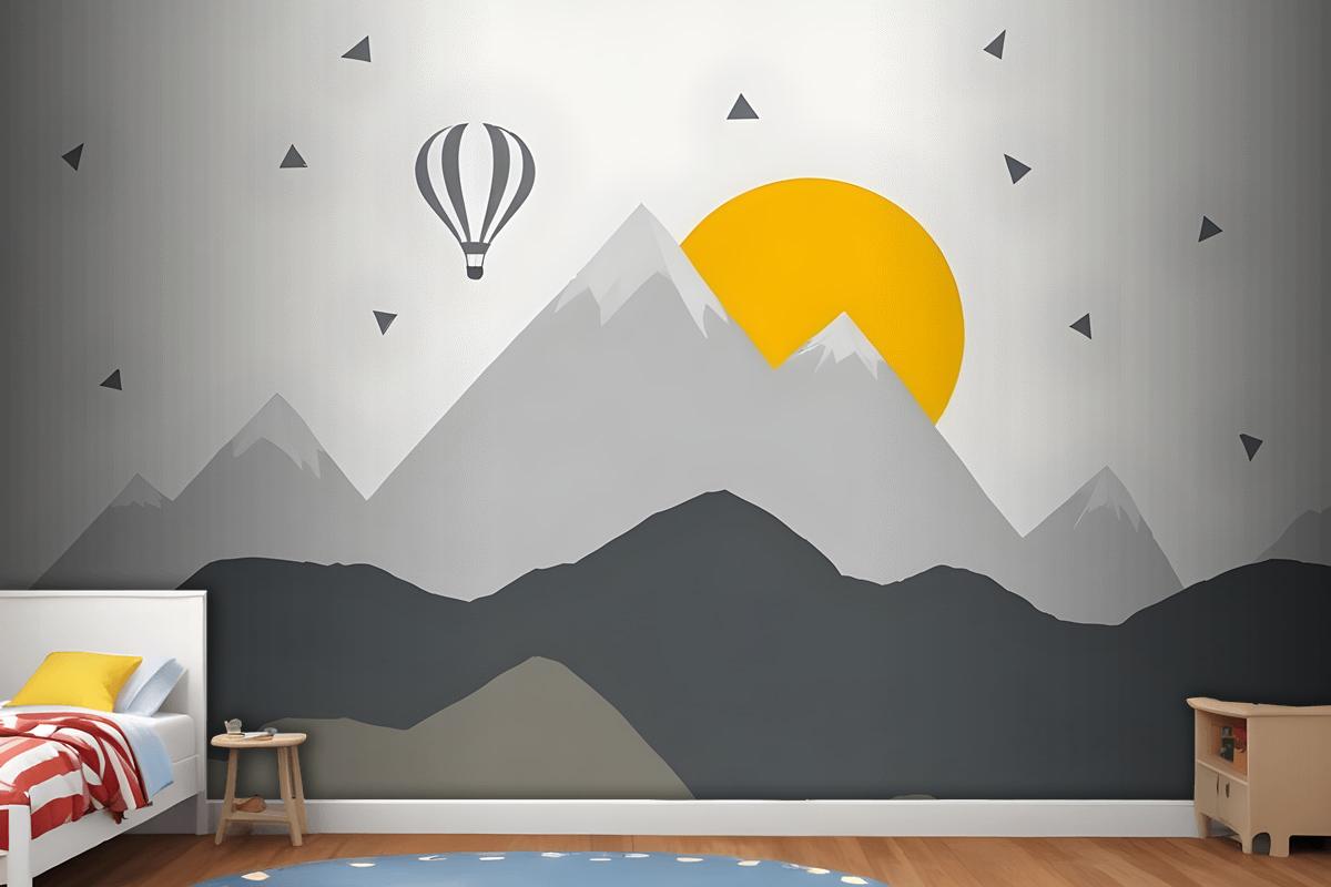 Kids Gray Geometric Mountainscape And Hot Air Balloon Wallpaper Mural