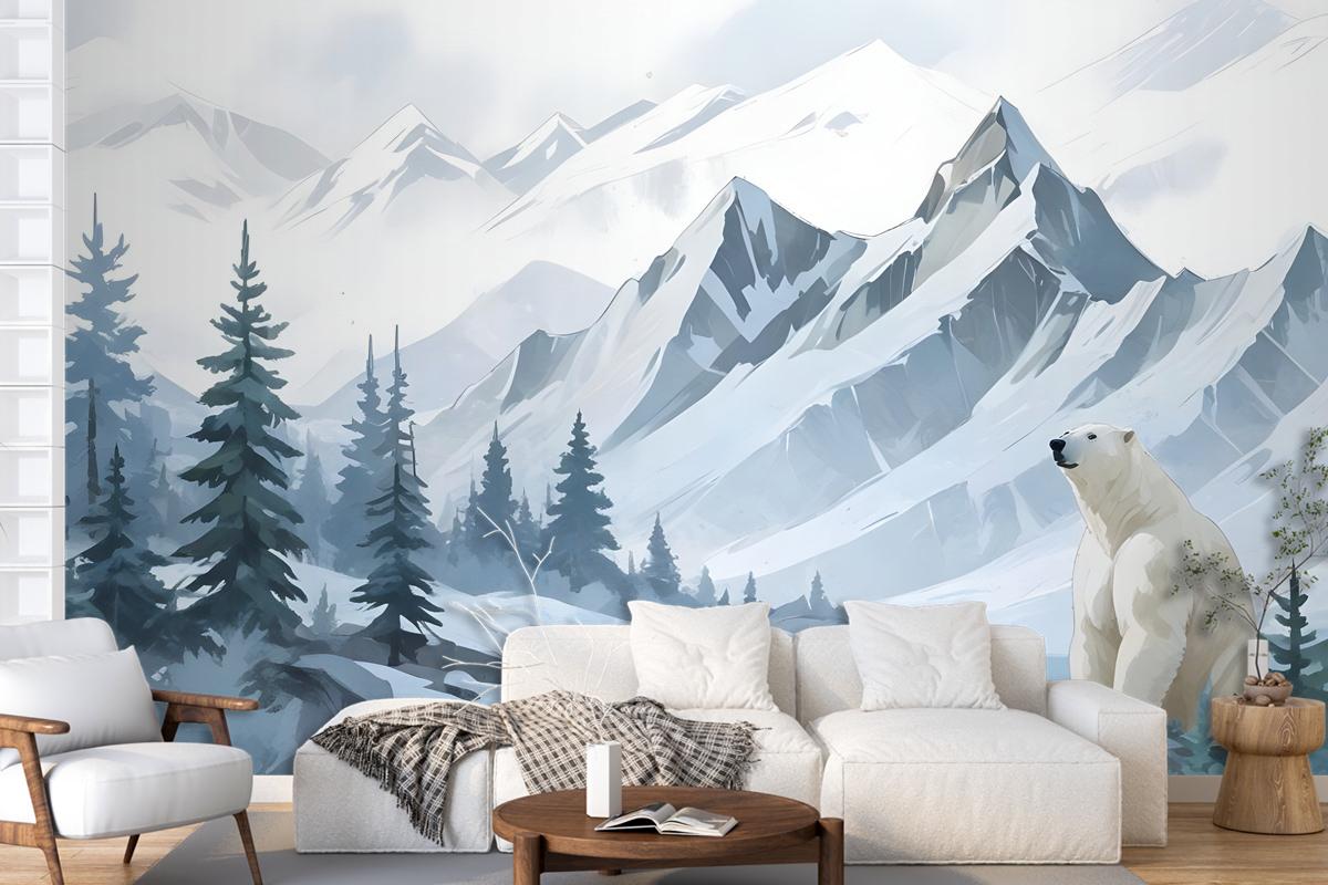 Kids Mountain Landscape With Cartoon Bear Wallpaper Mural