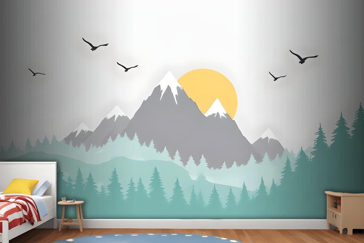 Kids Mountain Landscape With Trees Wallpaper Mural