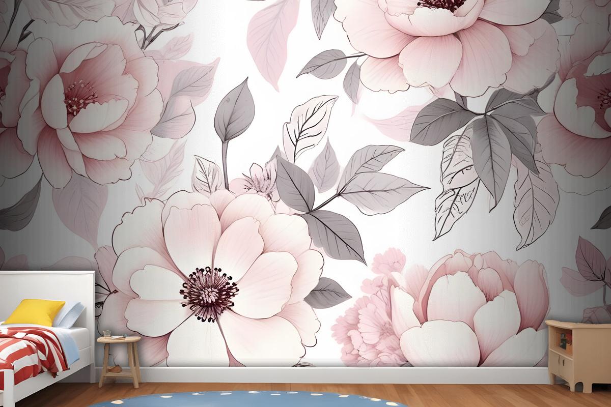 Kids Nursery Floral Pink Rose Pattern Wallpaper Mural