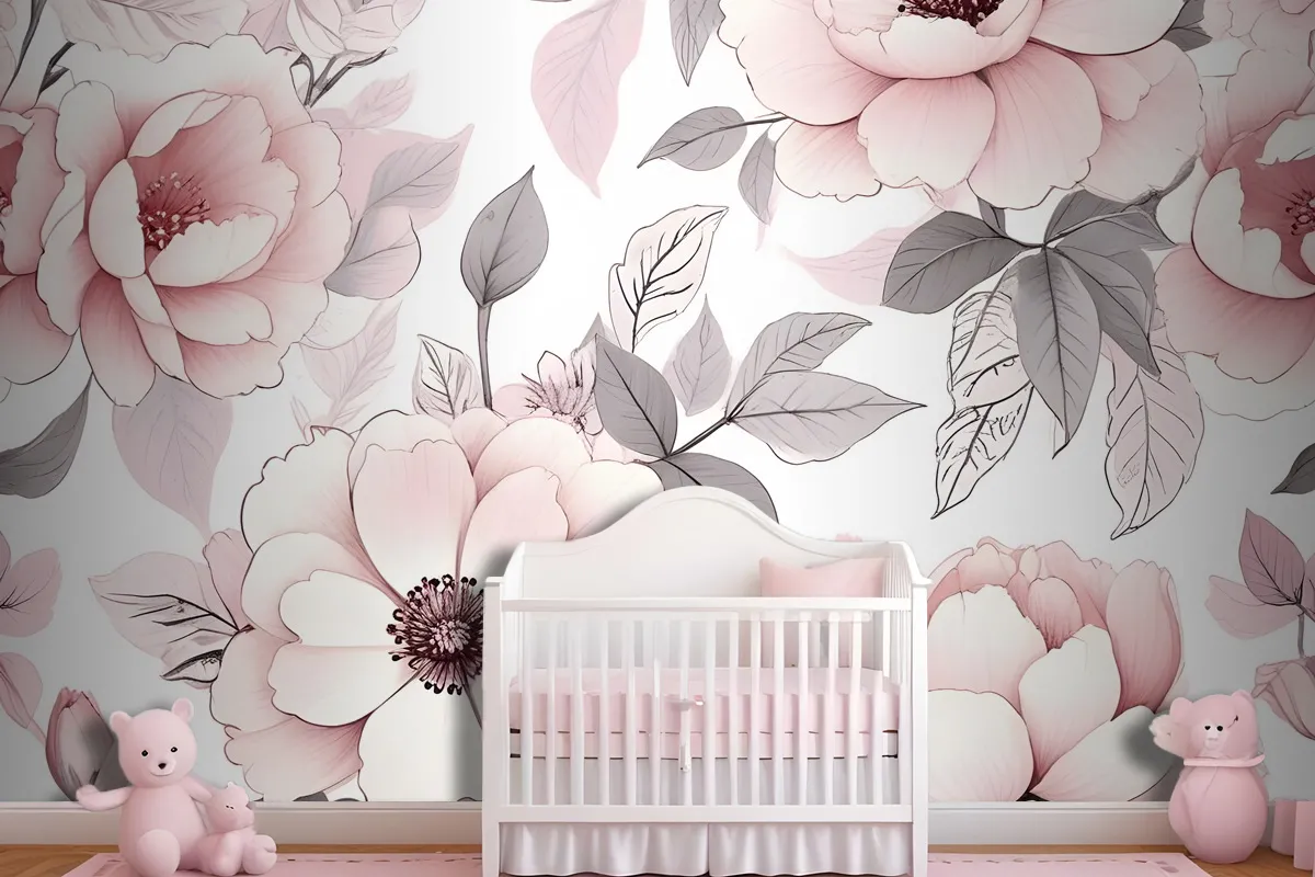 Kids Nursery Floral Pink Rose Pattern Wallpaper Mural