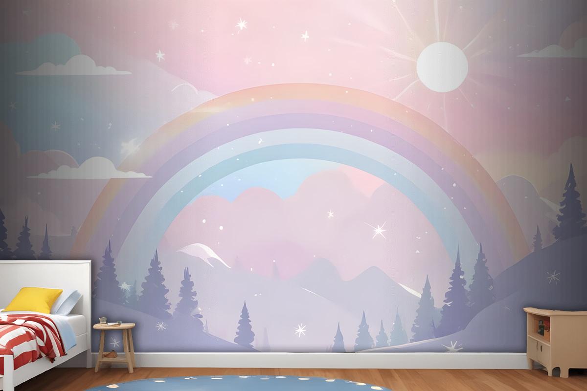 Kids Nursery Rainbow With Colorful Mountains And Shiny Stars Wallpaper Mural