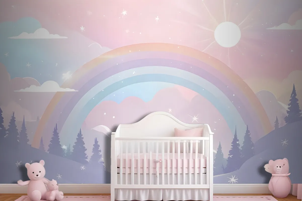 Kids Nursery Rainbow With Colorful Mountains And Shiny Stars Wallpaper Mural