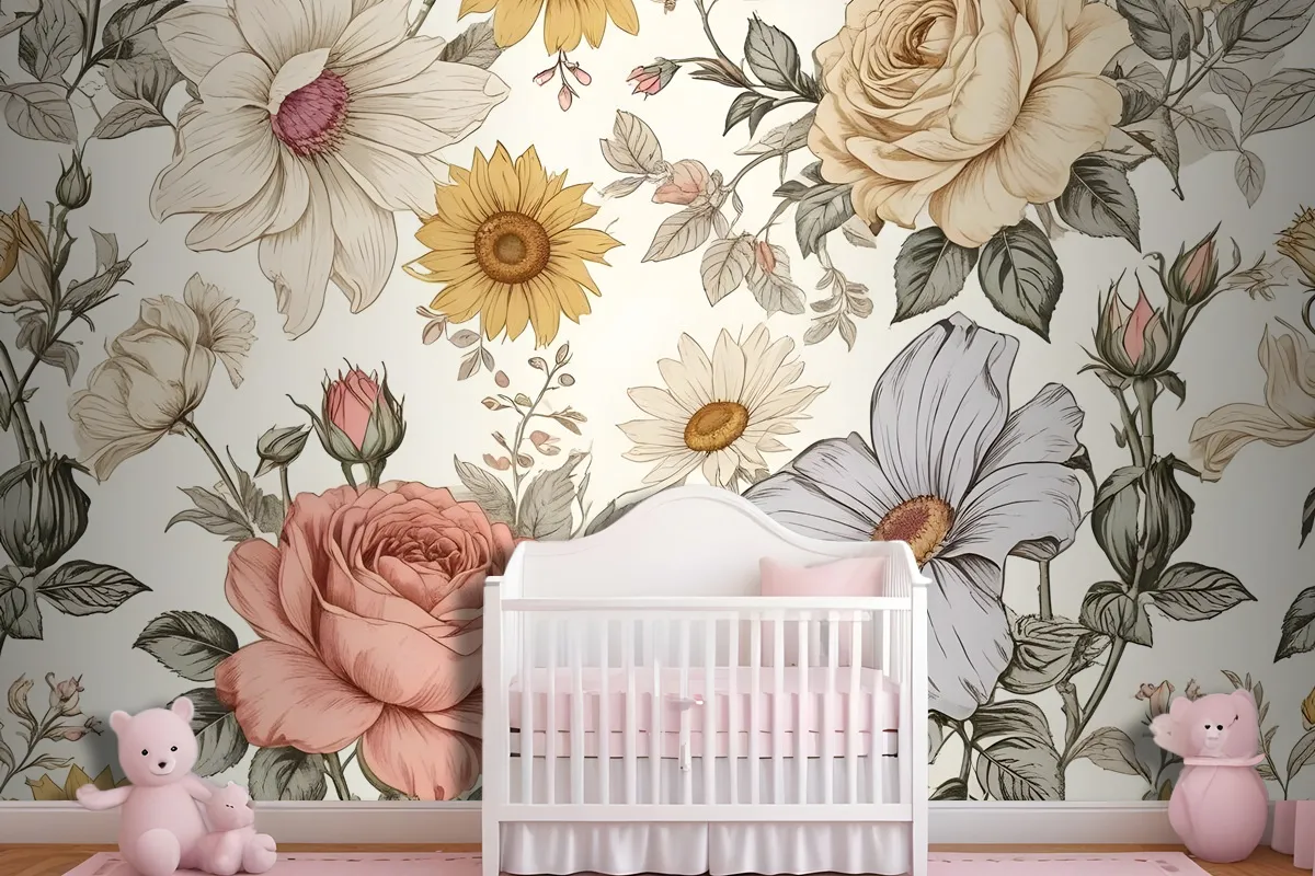 Kids Peony And Daisy Floral Wallpaper Mural