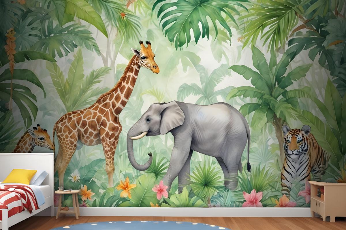 Kids Safari Watercolor Tropical Forest Jungle Animals Wallpaper Mural