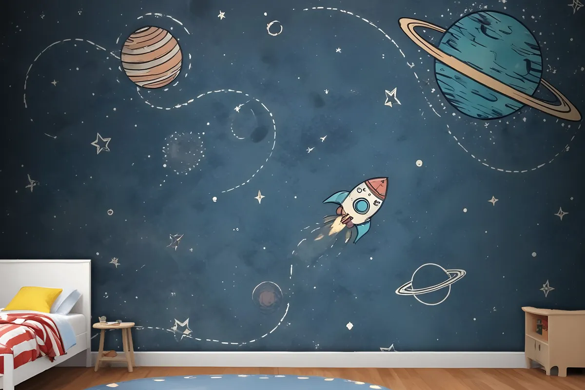 Kids Shining Cartoon Space With White Stripe Wallpaper Mural