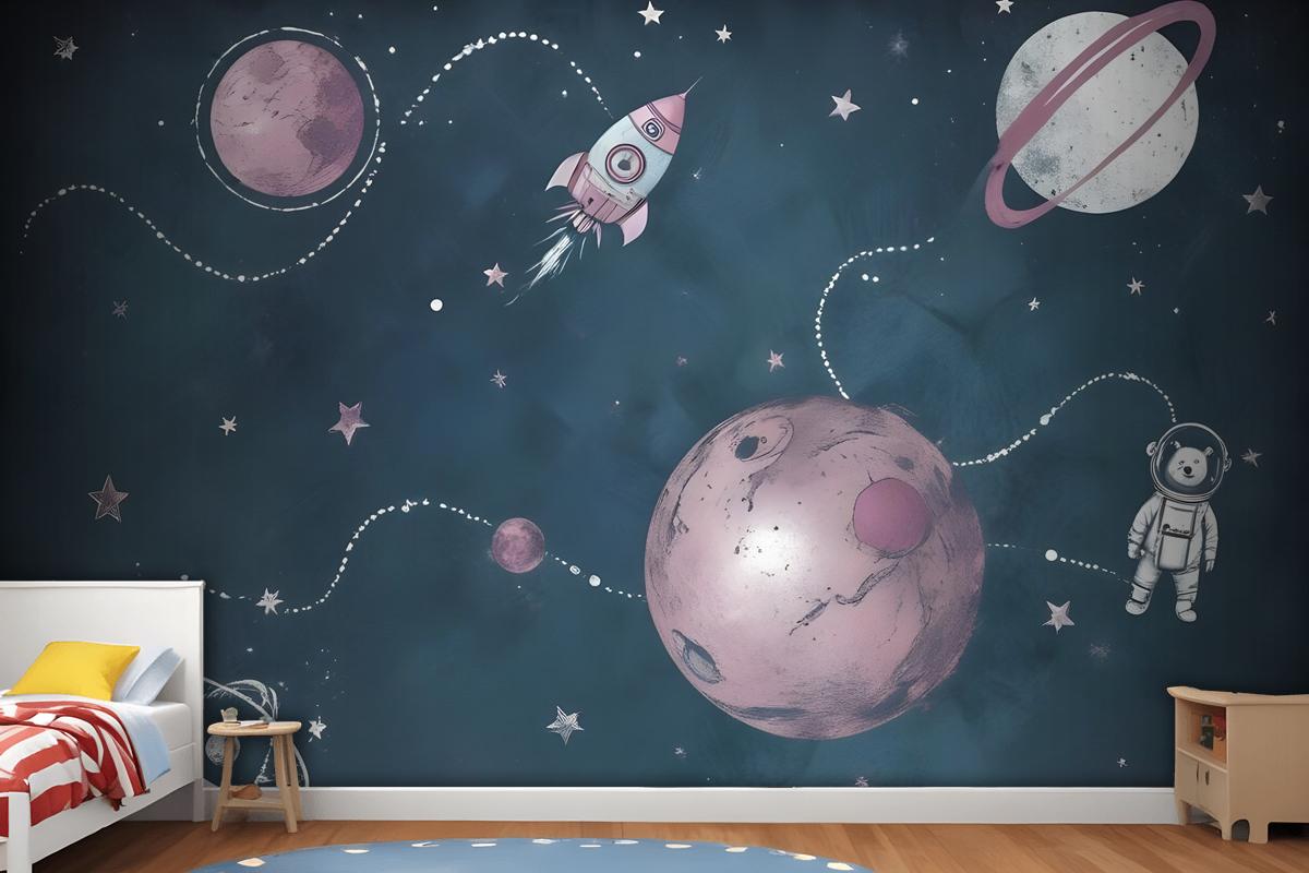 Kids Shining Space With Watercolor Bear Astronaut Wallpaper Mural