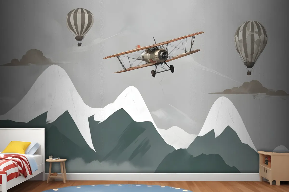 Kids Snowy Mountain With Plane And Balloons Wallpaper Mural