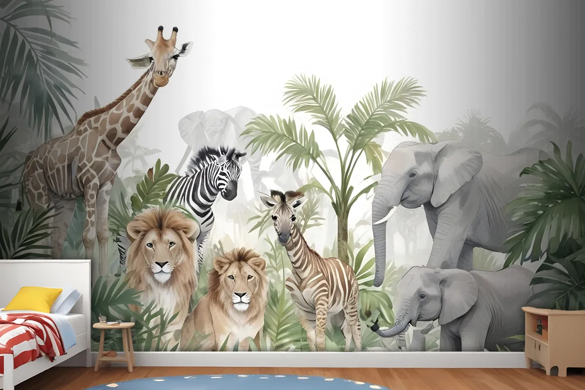 Kids Tropical Animals With Leafs Wallpaper Mural