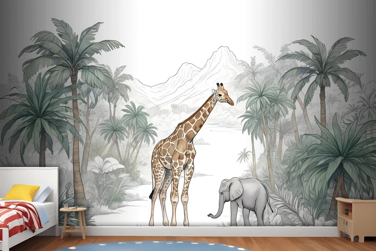 Kids Tropical Animals With Mountain Wallpaper Mural