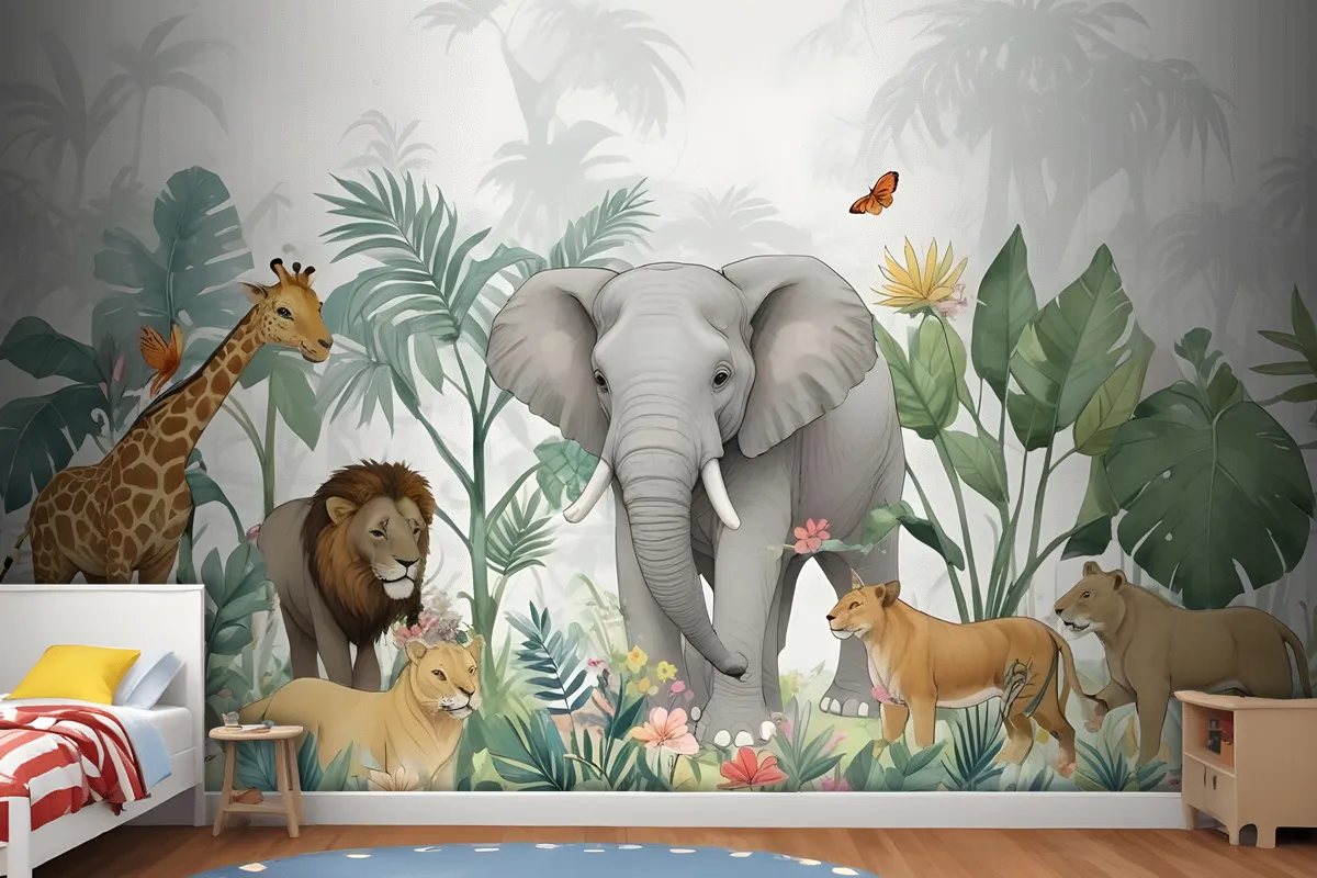 Kids Tropical Safari Animals With Green Leafs Wallpaper Mural