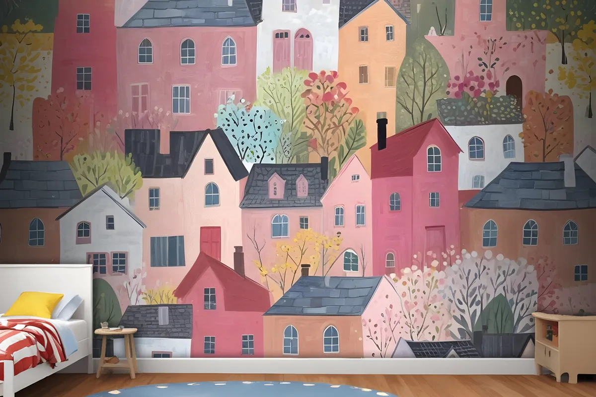 Kids Watercolor Cute Town House Wallpaper Mural