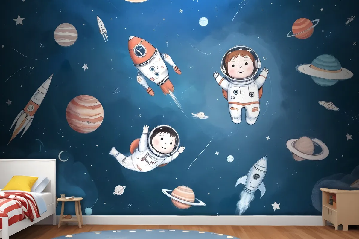 Kids Watercolor Space With Planets Wallpaper Mural