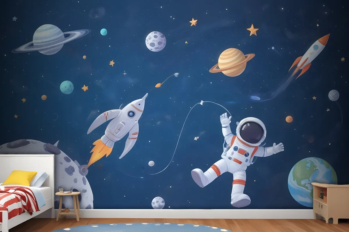 Kids Watercolor Space With Spaceship And Astronaut Wallpaper Mural