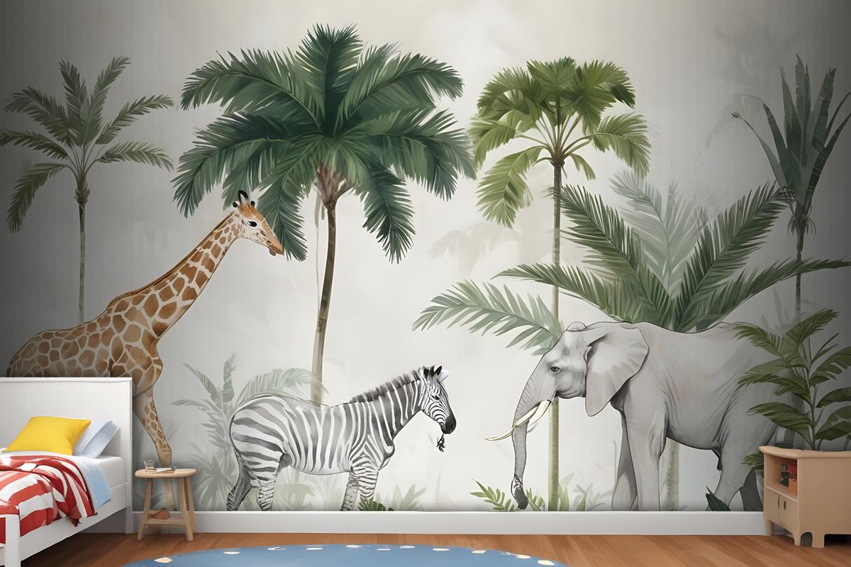 Kids Wild Tropical Animals With Palm Trees Wallpaper Mural