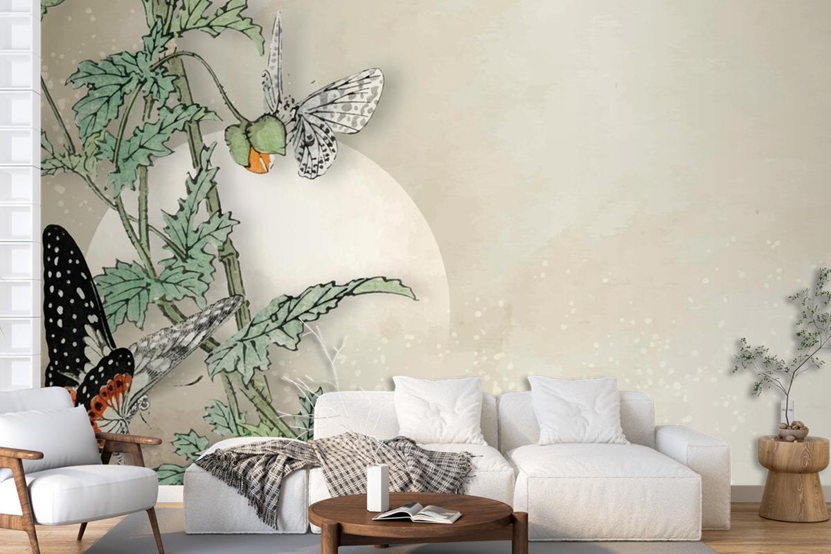 Leafy Butterfly Frame Design Wallpaper Mural