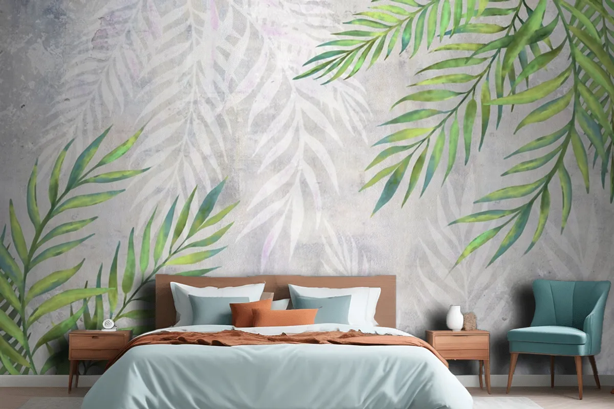 Leaves In The Corners On A Light Textured Wallpaper Mural