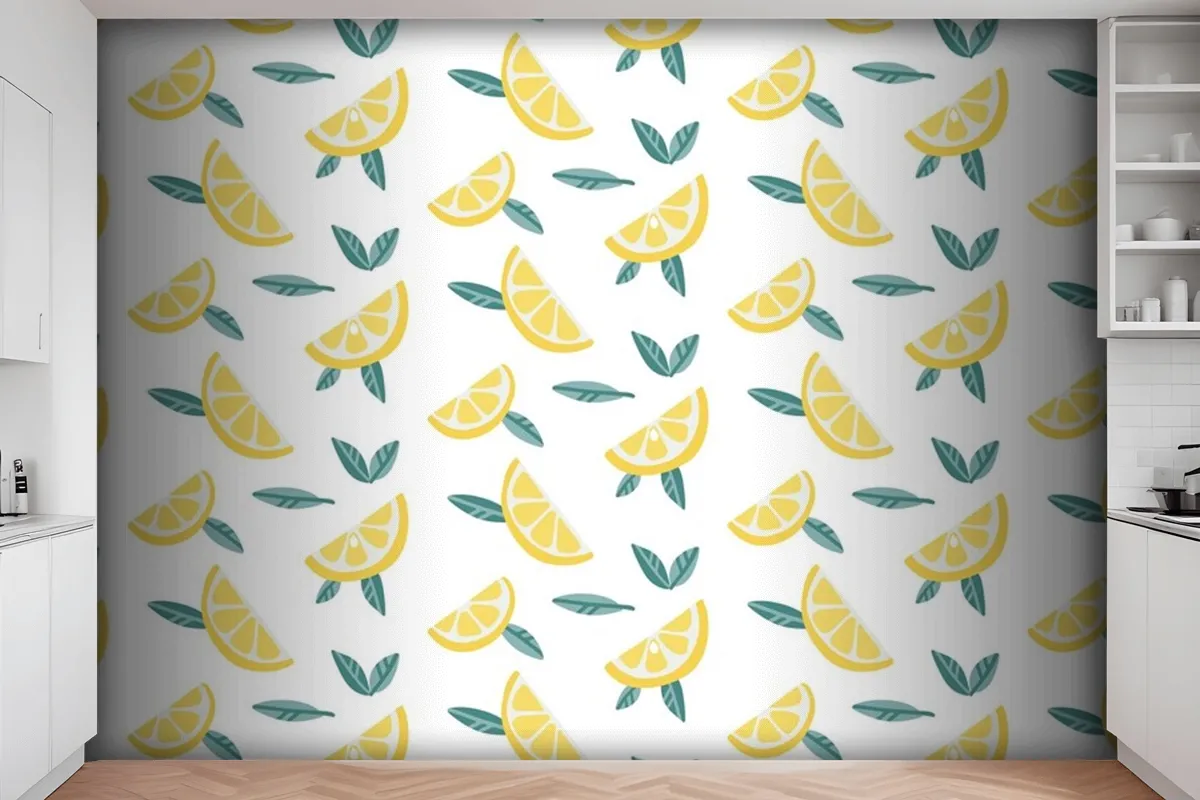 Lemon Fruit Slices With Leaves Seamless Pattern  Wallpaper Mural