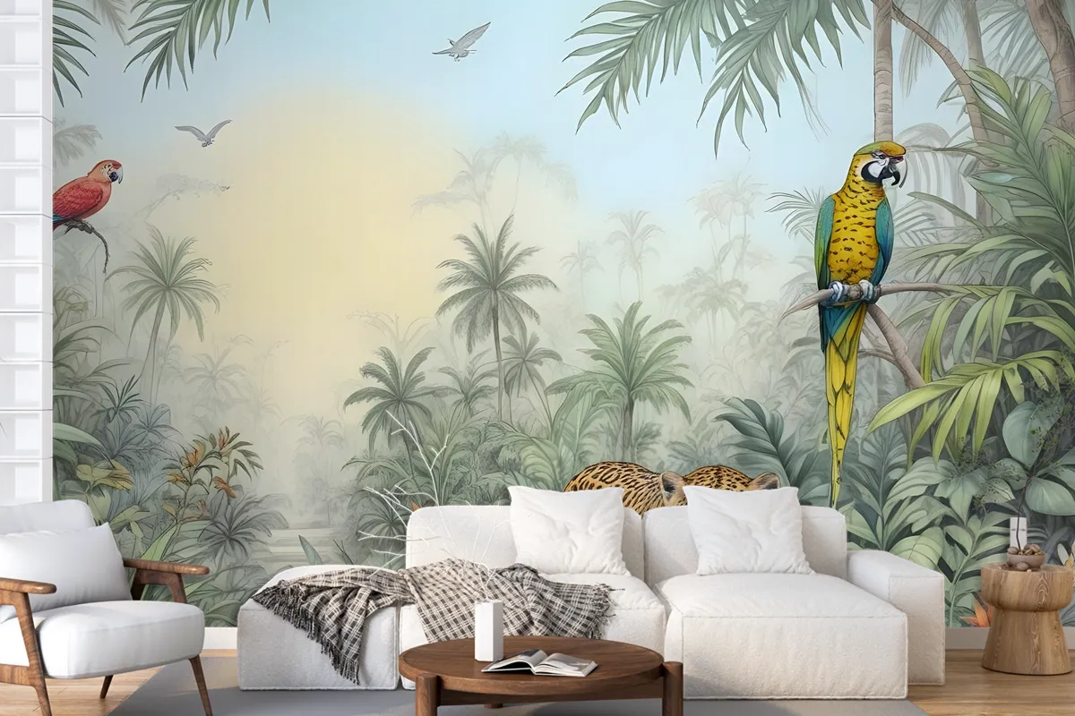 Leopard And Colorful Parrot In The Tropical Forest Wallpaper Mural