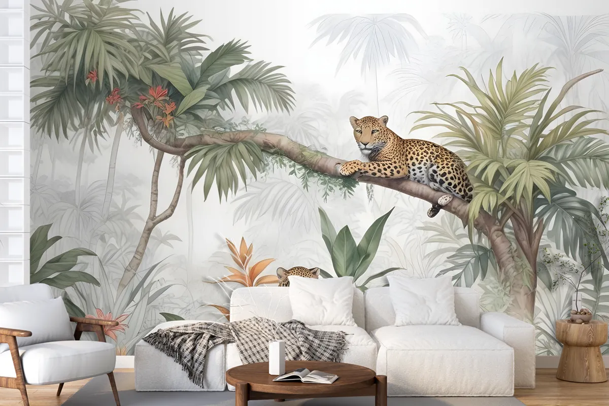 Leopards And Tropical Leaves Wallpaper Mural