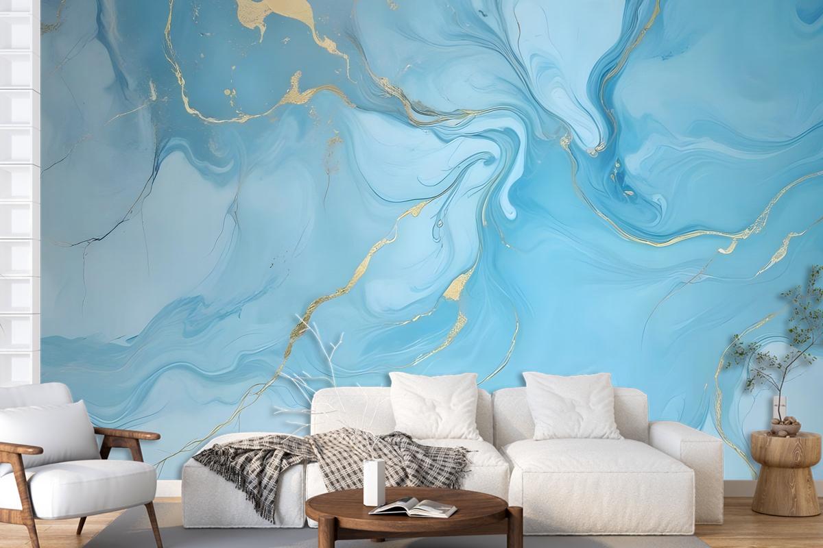 Light Blue Marble With Gold Look Splash Wallpaper Mural