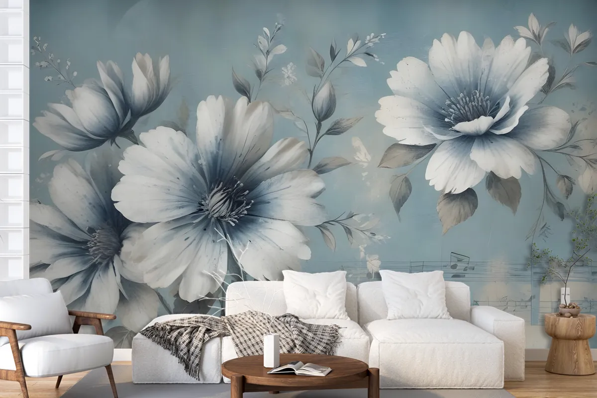 Light Floral With Music Notes Wallpaper Mural