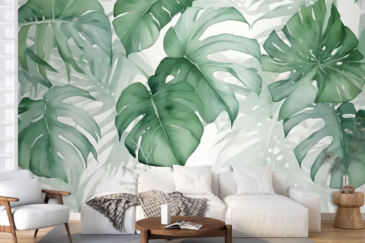 Light Green Tropical Leaves Wallpaper Mural