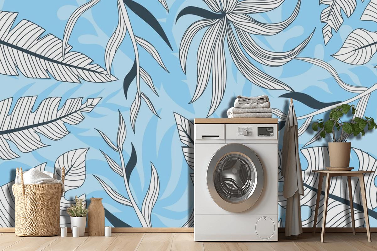 Linear Tropical Leaves With Pastel Color Laundry Wallpaper Mural