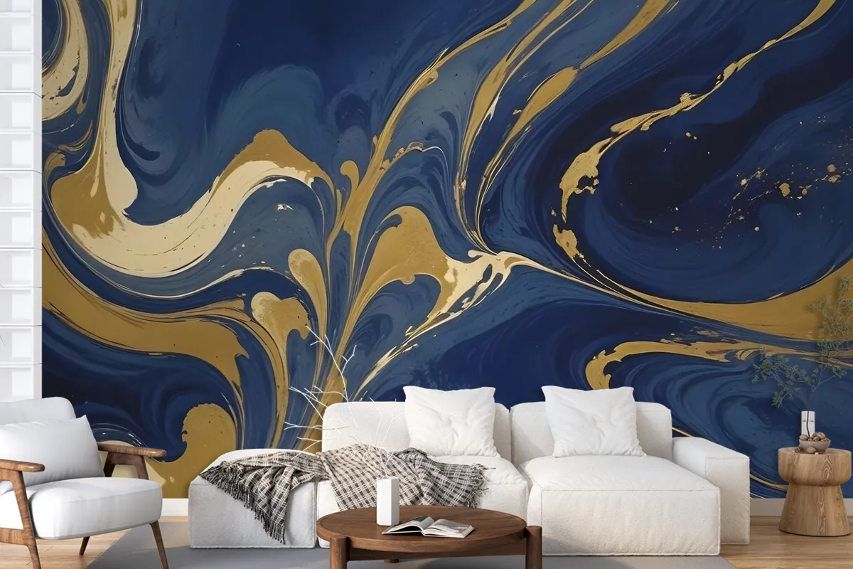 Liquid Abstract Marble Art Gold Blue Gradient Wallpaper Mural