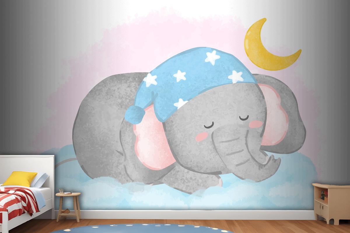 Lovely Elephant Sleeping On The Cloud In Painting Watercolor Wallpaper Mural