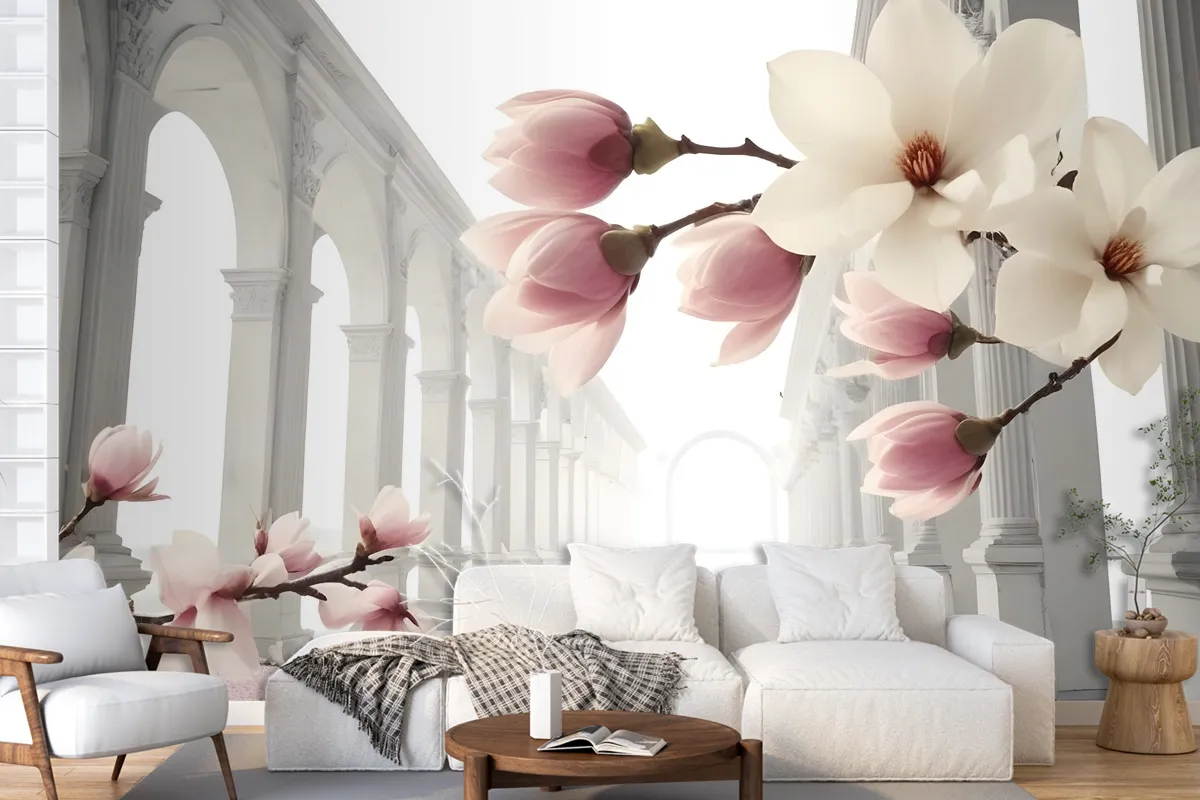 Magnolia Blossom With Column Wallpaper Mural