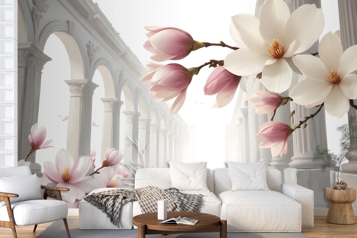 Magnolia Blossom With Column Wallpaper Mural