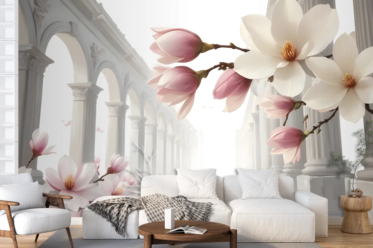 Magnolia Blossom With Column Wallpaper Mural