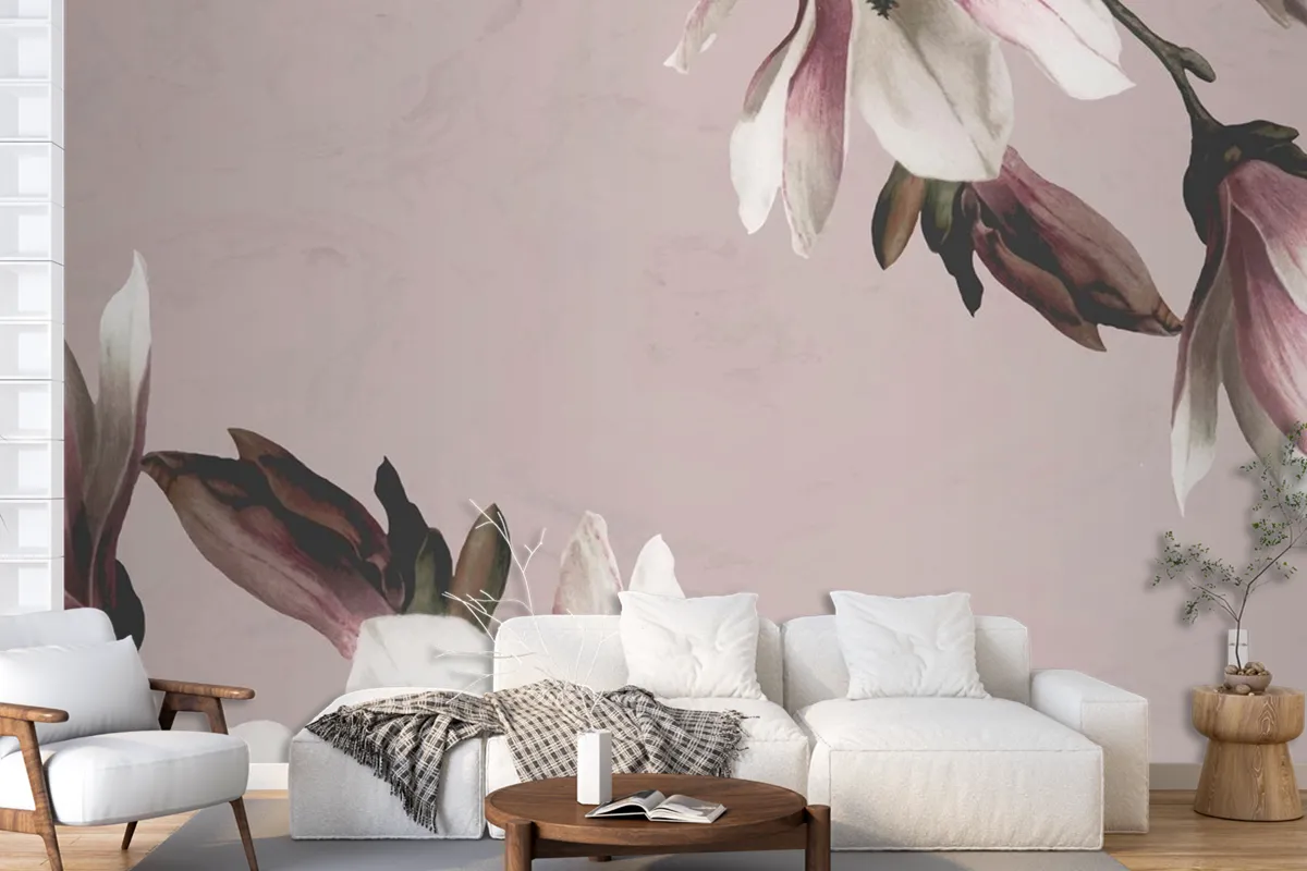 Magnolia Border On Beige Background Wallpaper Mural