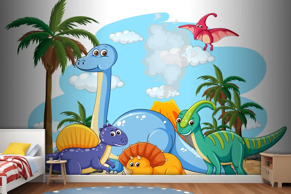 Many Cute Dinosaurs Character In Prehistoric Land Isolated Wallpaper Mural