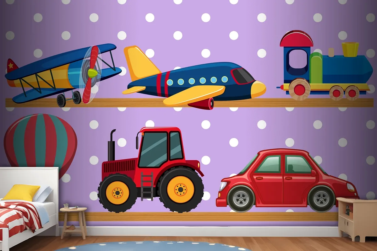 Many Transportation Toys On Wooden Shelves Wallpaper Mural