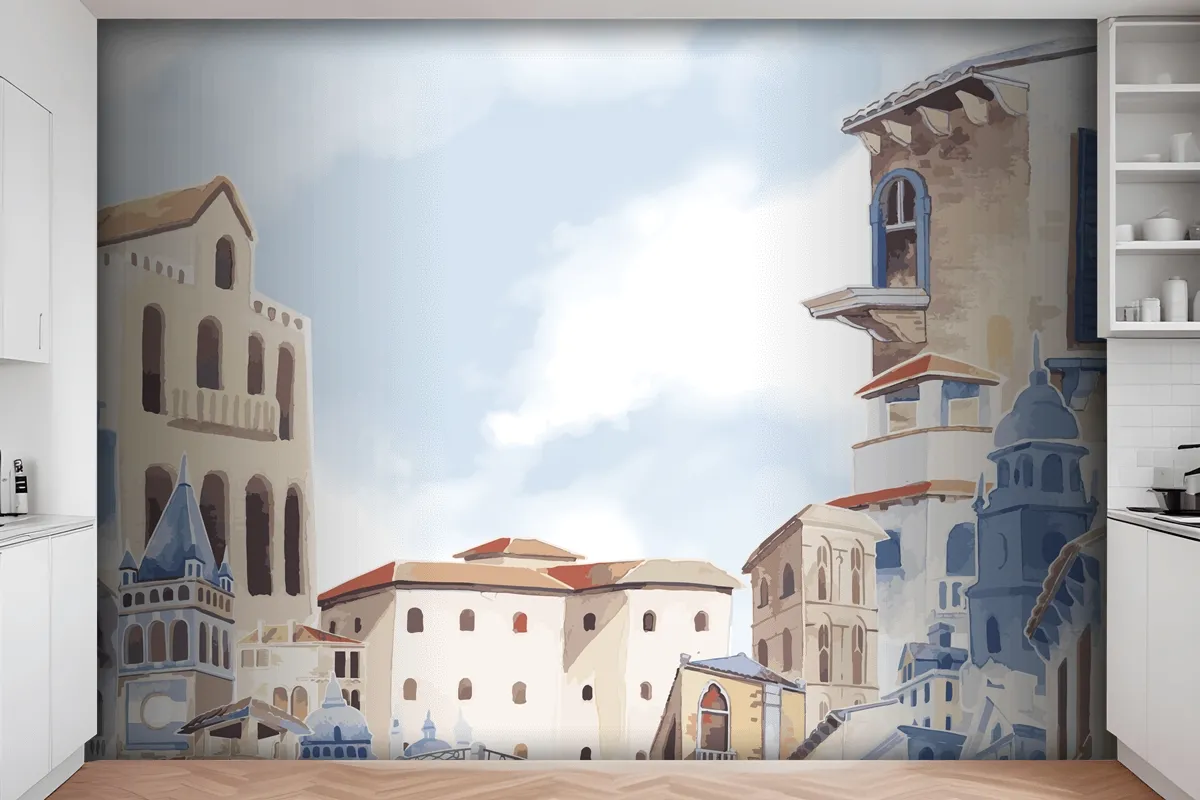 Mediterranean City Building Exterior Water Color Style Wallpaper Mural