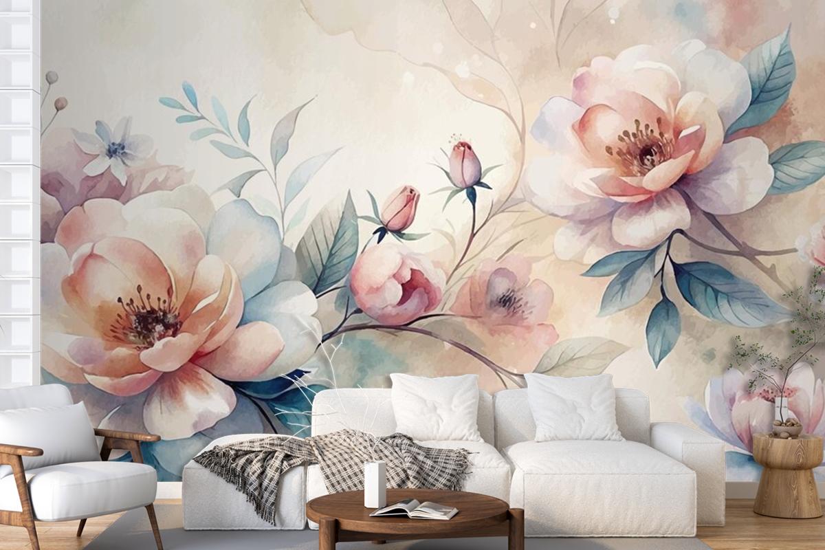 Minimalist Blooming Flower Watercolor Background Beautifully Scattered Wallpaper Mural