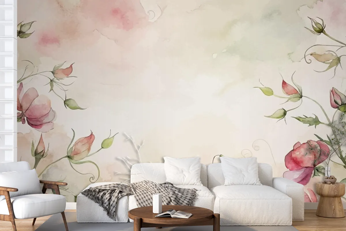 Minimalist Watercolor Background Of Sweet Peas Flowers Wallpaper Mural