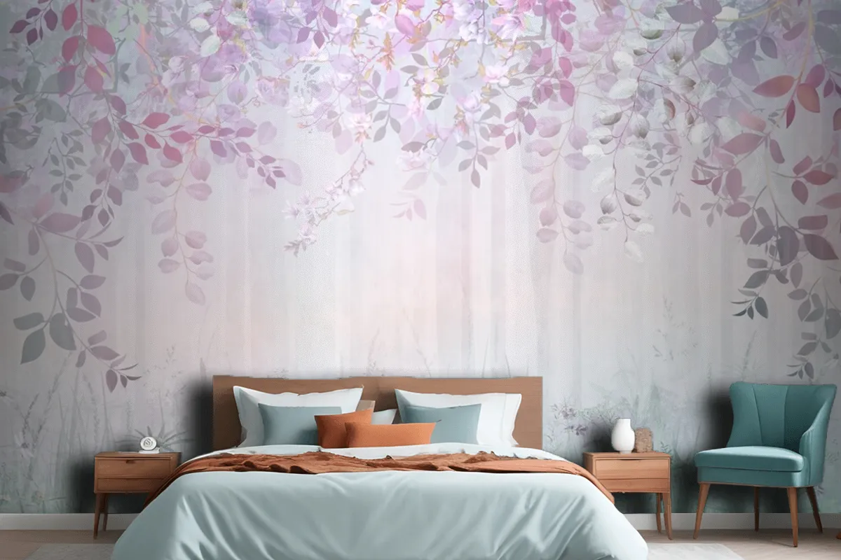 Misty Forest In A Rainbow Haze With Hanging Branches And Meadow Flowers Wallpaper Mural